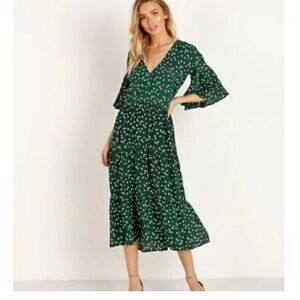 Faithful the Brand Green Tiered Midi Dress with Bell Sleeves and V-Neck